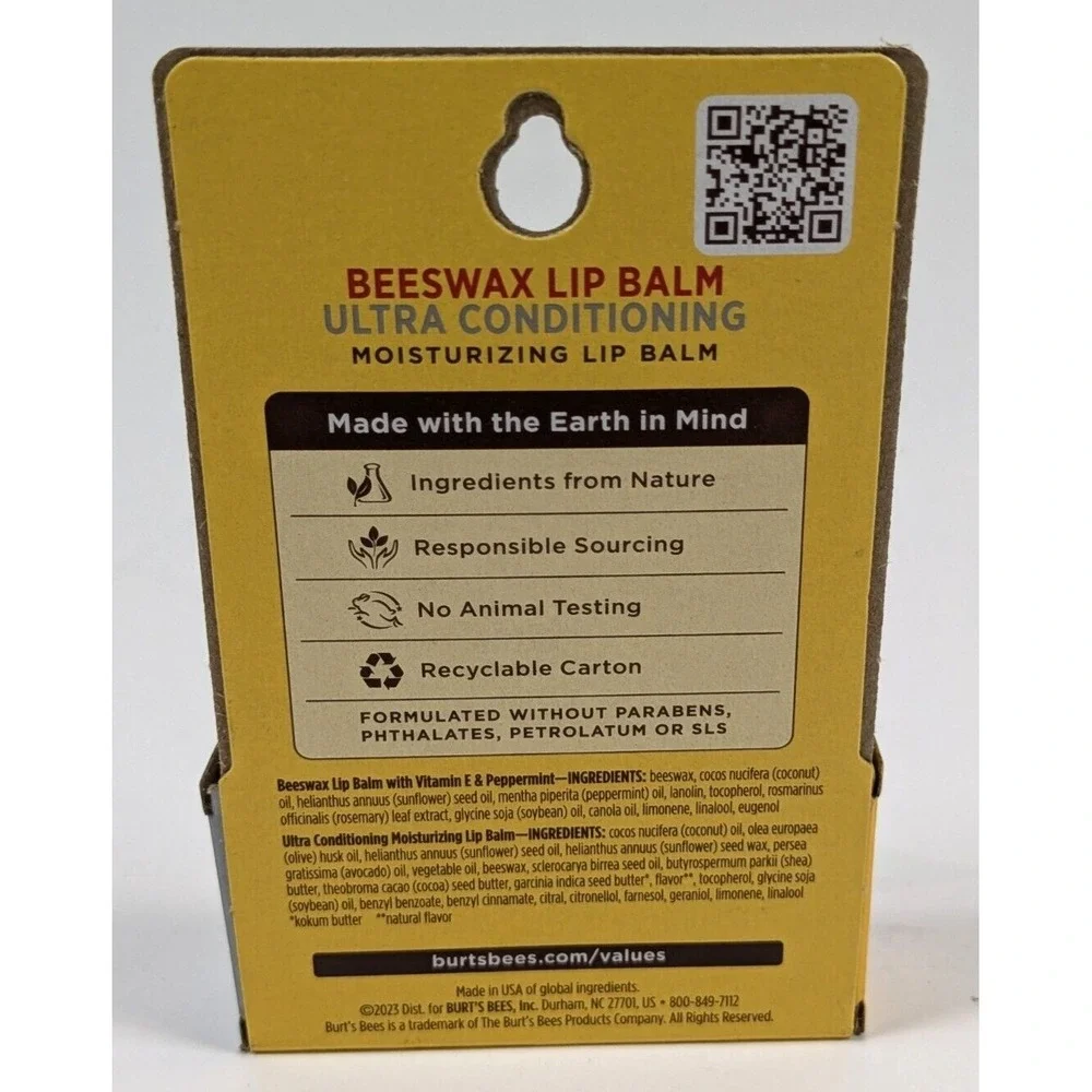 Burt's Bees Beewax & Ultra Conditioning Moisturizing Lip Balm 12 Pks of 2 (24)